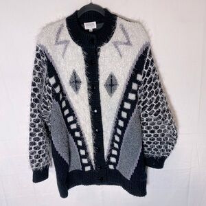 Vintage Jaguar Black White Oversized Multi Print Multi Texture Knit Cardigan S/M
